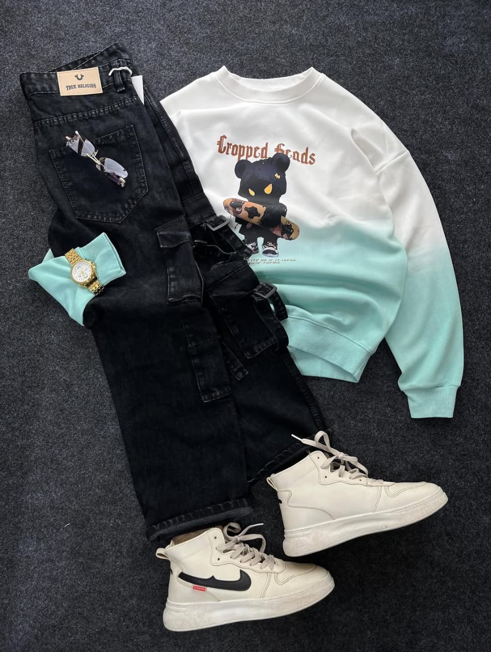 Trendy Casual Outfit Combo | Sweatshirt, White Jeans, Sneakers & Accessories | ELITE MAART