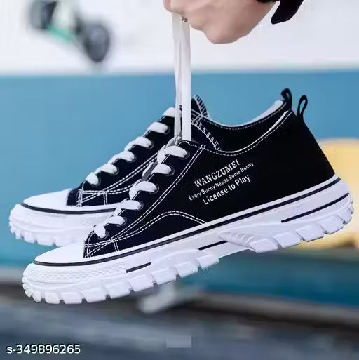 Trendy Black Casual Sneakers for Men &amp; Boys | Stylish Canvas Lace-Up Shoes with Rubber Sole for Everyday Wear