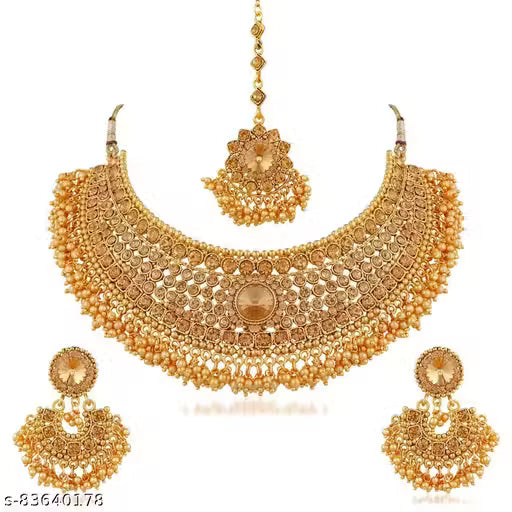 Gold Plated Choker Jewellery Set for Women | LCT Austrian Diamond Necklace with Earrings &amp; Maangtika