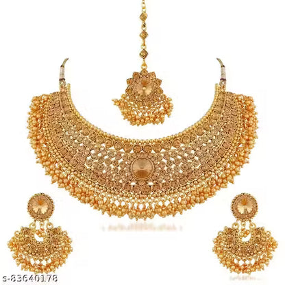 Gold Plated Choker Jewellery Set for Women | LCT Austrian Diamond Necklace with Earrings &amp; Maangtika