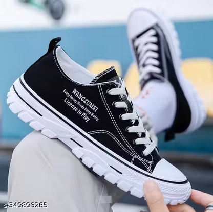 Trendy Black Casual Sneakers for Men &amp; Boys | Stylish Canvas Lace-Up Shoes with Rubber Sole for Everyday Wear