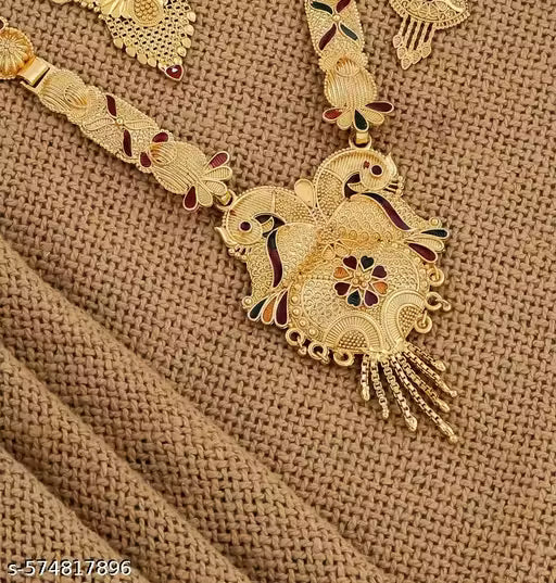 1 Gram Gold Plated Long Traditional Haram &amp; Necklace Set with Matching Earrings | Bridal &amp; Festive Jewellery for Women &amp; Girls