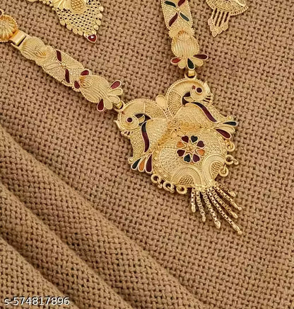 1 Gram Gold Plated Long Traditional Haram &amp; Necklace Set with Matching Earrings | Bridal &amp; Festive Jewellery for Women &amp; Girls