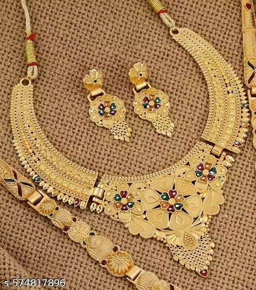 1 Gram Gold Plated Long Traditional Haram &amp; Necklace Set with Matching Earrings | Bridal &amp; Festive Jewellery for Women &amp; Girls