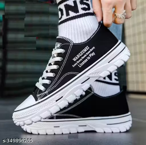 Trendy Black Casual Sneakers for Men &amp; Boys | Stylish Canvas Lace-Up Shoes with Rubber Sole for Everyday Wear