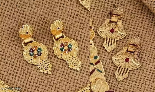 1 Gram Gold Plated Long Traditional Haram &amp; Necklace Set with Matching Earrings | Bridal &amp; Festive Jewellery for Women &amp; Girls