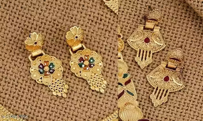 1 Gram Gold Plated Long Traditional Haram &amp; Necklace Set with Matching Earrings | Bridal &amp; Festive Jewellery for Women &amp; Girls