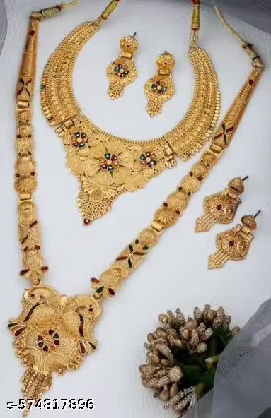 1 Gram Gold Plated Long Traditional Haram &amp; Necklace Set with Matching Earrings | Bridal &amp; Festive Jewellery for Women &amp; Girls