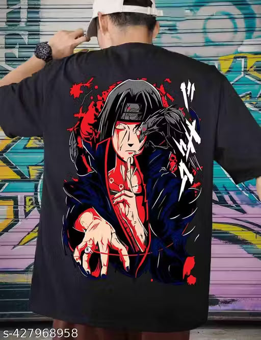 SCOTT FINCHER Men’s Black Oversized Graphic Printed T-Shirt | Anime-Inspired Cotton Blend Three-Quarter Sleeve Tee