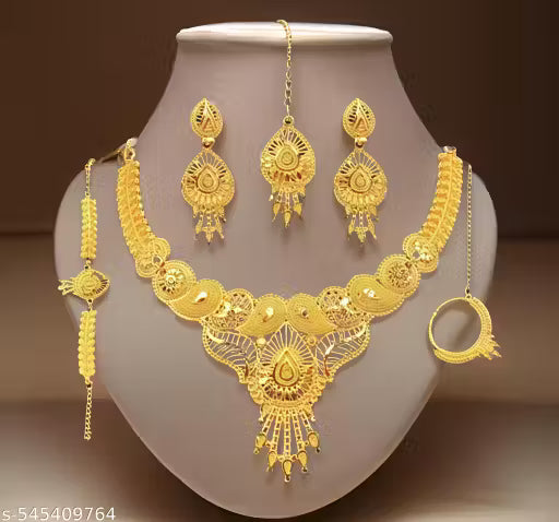 Combo Unique Full Bridal Jewellery Set for Women | Gold Plated Necklace with Earrings, Maangtika, Nath &amp; Baju